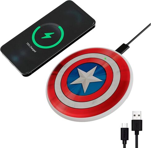 قاعدة شحن لاسلكية Marvel Avengers Captain America Shield - محطة شحن لاسلكية 10 وات مع مؤشر LED لجميع الأجهزة التي تدعم Qi - هدايا Avengers للرجال والنساء ومحبي كابتن أمريكا in Kuwait