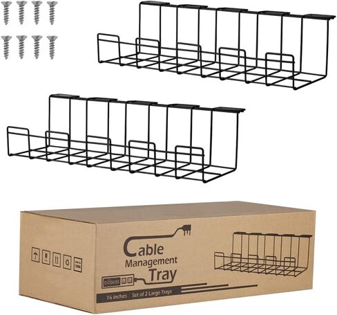 Under Desk Cable Management Tray 2 Packs, 16 inches Under Table Cord Organizer for Wire Management, Metal Wire Cable Mesh Holder for Desks, Offices and Kitchens (Black) in Saudi Arabia