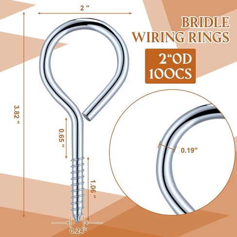 100 قطعة من حلقات أسلاك اللجام الملولبة لإدارة الكابلات ذات الجهد المنخفض، مسامير الكابلات للحبال، دعامات الكابلات والأسلاك شديدة التحمل، براغي من نوع العين للاستخدام على الأسطح الخشبية، الفولاذ، 2 بوصة OD in Saudi Arabia