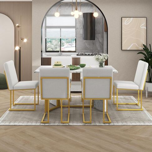 Voohek 60'' Dining Table Set, 7-Piece Kitchen Furniture with 6 Upholstered Linen Chair, Artificial Marble Sticker Tabletop and Golden Steel Legs, for Dinner and Living Room, White+Gold in Kuwait