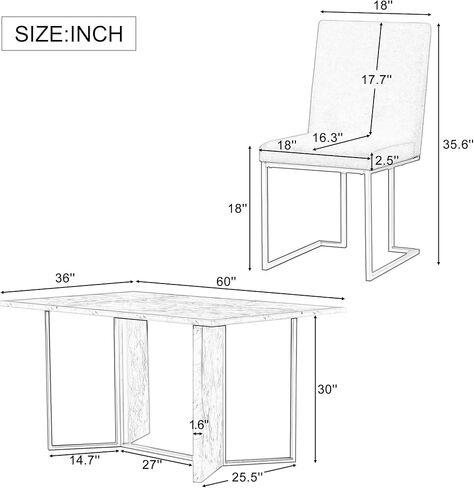 Voohek 60'' Dining Table Set, 7-Piece Kitchen Furniture with 6 Upholstered Linen Chair, Artificial Marble Sticker Tabletop and Golden Steel Legs, for Dinner and Living Room, White+Gold in Kuwait