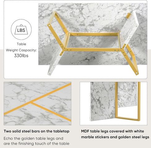 Voohek 60'' Dining Table Set, 7-Piece Kitchen Furniture with 6 Upholstered Linen Chair, Artificial Marble Sticker Tabletop and Golden Steel Legs, for Dinner and Living Room, White+Gold in Kuwait