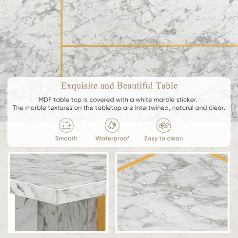 Voohek 60'' Dining Table Set, 7-Piece Kitchen Furniture with 6 Upholstered Linen Chair, Artificial Marble Sticker Tabletop and Golden Steel Legs, for Dinner and Living Room, White+Gold in Kuwait