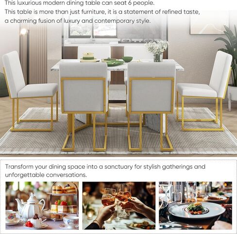 Voohek 60'' Dining Table Set, 7-Piece Kitchen Furniture with 6 Upholstered Linen Chair, Artificial Marble Sticker Tabletop and Golden Steel Legs, for Dinner and Living Room, White+Gold in Kuwait