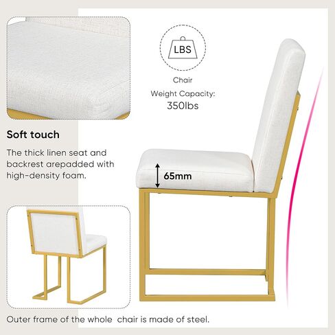 Voohek 60'' Dining Table Set, 7-Piece Kitchen Furniture with 6 Upholstered Linen Chair, Artificial Marble Sticker Tabletop and Golden Steel Legs, for Dinner and Living Room, White+Gold in Kuwait