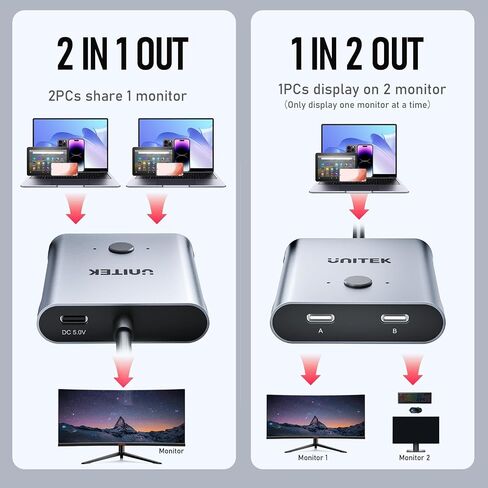 Unitek USB C Switch محول ثنائي الاتجاه 1 في 2 خارج/2 في 1 خارج USB محدد التبديل 2 أجهزة كمبيوتر مشاركة 1 جهاز USB KVM Switch 8K @ 60 هرتز فيديو 10 جيجابت في الثانية نقل البيانات 100 واط شحن كابلات USB-C متضمنة in Saudi Arabia