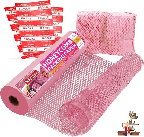 XFasten Honeycomb Packing Paper 12" x 66' Reusable Cushion Kraft Packing Paper for Moving, Alternative Bubble Packing Wrap for Breakable Dishes Packing Supplies for Moving with 20 Fragile Stickers in Saudi Arabia