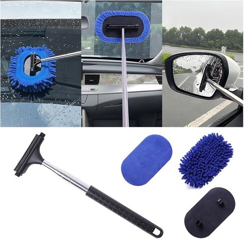 Windshield Cleaner Tool, Car Inside Window Cleaning Kit with Extendable Handle, Premium Microfiber Pad and Chenille Cloth Cover. Washable & Reusable, Auto Interior Exterior Glass Wiper in Saudi Arabia