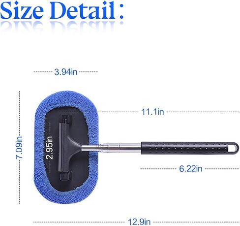 Windshield Cleaner Tool, Car Inside Window Cleaning Kit with Extendable Handle, Premium Microfiber Pad and Chenille Cloth Cover. Washable & Reusable, Auto Interior Exterior Glass Wiper in Saudi Arabia