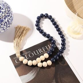 Handmade Boho Farmhouse Wood Bead Garland with Tassel - Navy Blue Decorative Wall Hanging for Tiered Trays, Coffee Tables, Shelves & Rustic Vintage Coastal Home Decor