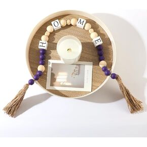Handmade Modern Farmhouse Wood Bead Garland – Rustic Decorative Tassel Wreath with Letter Blocks for Tabletops, Mantel, Tiered Trays, Boho Home Decor, Holiday & Housewarming Gifting (Purple)