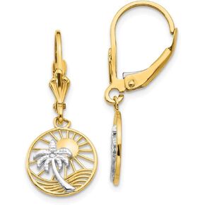 Solid 14k Yellow Gold Two Toned Palm Tree Leverback Dangle Earrings - 29mm x 11mm