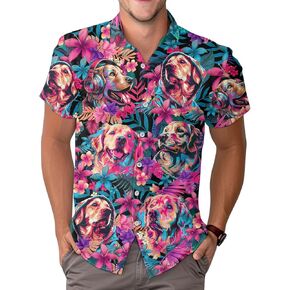 Cute Dog Lover Design Short Sleeve Hawaiian Shirt, Summer Animal Print Button Shirt, Birthday Gifts