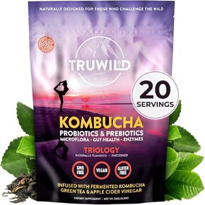Truwild Natural Kombucha مسحوق البروبيوتيك ملحق مشروب نباتي مزيج - صحة الأمعاء إنزيمات الجهاز الهضمي مع الثقافات الحية + خل التفاح والبريبايوتيك - 20 حصة