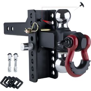 TYT Adjustable Heavy-Duty Trailer Hitch Ball Mount with Locks&Pin&Rotatable Tow Shackle, Fits 2-in Receiver, 4" Rise/Drop, 2" &2-5/16" Ball, 10000LBS GTW