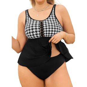 Cupshe Women's Plus Size Tankini مجموعات سكوب عنق تدفق قطعتين من الأشرطة القابلة للتعديل في منتصف الارتفاع