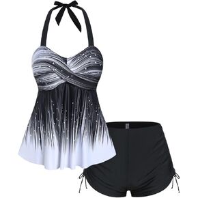 Rose Gal Womens Plus Size Halter عارية الظهر الإمبراطورية الخصر المتواضع Boyshorts مجموعة ملابس السباحة Tankini