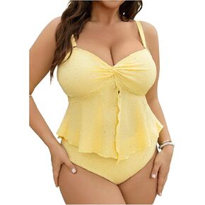 WDIRARA Women's Plus Size 2 Piece Twist Front Ruffle Tankini Swimsuits High Waisted Tummy Control Bathing Suit