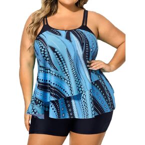 RXRXCOCO Women Plus Size Tankini Swimsuits Ruffle Tummy Control 2 Piece Bathing Suits with Shorts