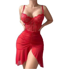 SHENHE Women's Bustier Lingerie Slips Lace Babydoll Chemise Ruched Ruffle Underwire Nightgown