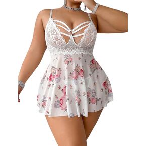 Soly Hux Women's Plus Lingerie Lingerie Print Lace Babydoll Sleepwear Chemise مع ثونغ