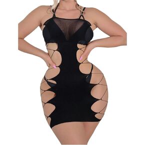 SHENHE Women's Fishnet Lingerie Strapless Strap Mini Bodysuit Dress Chemise Cut Out Bodysuit Babydoll Nightwear