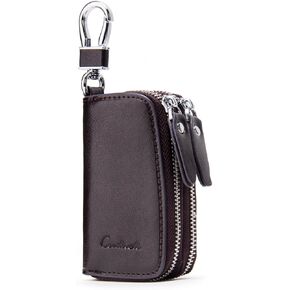 Car Key Case Small Leather Double Zipper Key Holder with 4 Keyrings Keys Organizer for Men Women