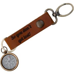 Genuine Leather Keychain for Men and Women – Vintage Brown Key Holder with Inspirational Compass – Durable Leather Strap Key Fob – Graduation, Travel, Birthday Gift