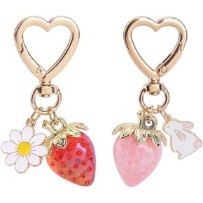 2pcs Cute Strawberry Keychains, Kawaii Berry Heart Rabbit Daisy Flower Keyrings Fruit Key Chain Purse Bag Charm Accessories Decors Gifts for Girls Women