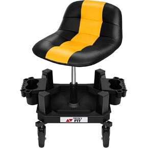 Rolling Shop Stool with Wheels, Adjustable Garage Mechanic Stool Seat Shop Roller Work Chair Mobile Rolling Seat with Tool Tray, 2 Cup Holders, 4" Casters, 350 LBS, Heavy-Duty,Yellow