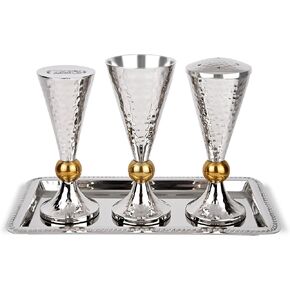 مجموعة Havdalah المعدنية الأنيقة Zion Judaica - كأس كأس Kiddush ، حامل Spice Besamim ، حامل شمعة Havdalah وصينية مصقولة مع لهجات ذهبية على شكل شيري