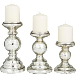 Deco 79 Glass Decorative Candle Holder Turned Style Pillar Candle Stand, Set of 3 Candlestick Holder 10", 8", 6"H, Silver
