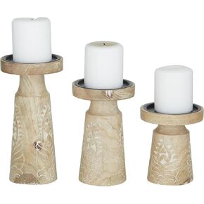 Deco 79 Mango Wood Floral Decorative Candle Holder Round Carved Pillar Candle Stand, Set of 3 Candlestick Holder 10", 8", 6" H, Brown