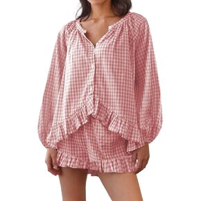 Tsultryofs Women 2 Piece Gingham Pajama Sets Puff Sleeve Button Down Peplum Tops and Y2k Ruffle Lounge Shorts Sleepwear