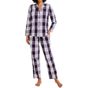 Women's Thin Checked Pajamas 100% Cotton Long Sleeve Long Pants Women's Pajama Check Pattern