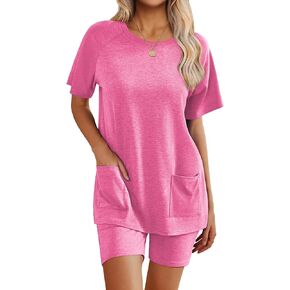 Ekouaer Womens 2 Piece Lounge Sets 2025 Summer Outfits Short Sleeve Tops and Biker Shorts Casual Clothing with Pocket