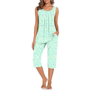 TAOHUADAO Women's Pajamas Set with Pockets, Lounge Capri Pants with Sleeveless Top, Ladies Sleepwear Plus Size Pjs Set