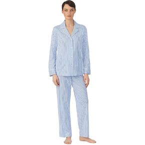 Ralph Lauren® Organic Cotton Long Sleeve Notch Collar PJ Set for Women – Relaxed Fit – Stripe Design – 100% Cotton Blue Stripe LG (US 12-14) One Size