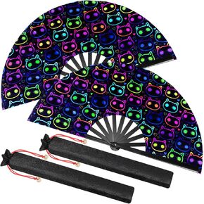 Boao 2 PCS كبير الهذيان القابل للطي الحرير المشجعين الصينيين UV Glow Tai Ji Fan for Men Women for Festival ، رقصة الخط ، Kungfu ، فنون القتال ، حفلة الموسيقى ، الأداء (القط لطيف)