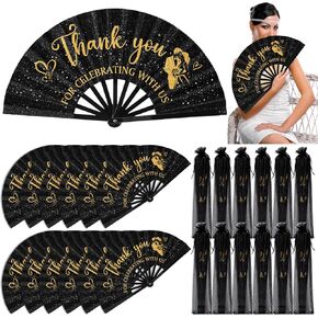 12 Sets Large Wedding Glitter Foldable Fans Bulk Wedding Festival Handheld Fans with Organza Bag Thanks for Celebrating with Us Favors for Guests Bridal Shower Wedding Dancing Party(Black)