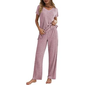 Ekouaer Womens Ribbed Knit Lounge Set Short Sleeve Top and Long Pants Pajamas V Neck 2 Piece Sleepwear