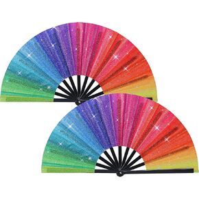 Tlswshsy 2 Pcs Rainbow Glitter Hand Fans, Large Pride Folding Rave Fan, Colorful Holographic Handheld Fan for Pride Month Festival Parade Party Dance Performance Cosplay Accessories Photo Props