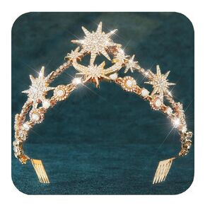 CAKURE Star Moon Crown Gold Crowns Sparkly Rhinestone Tiaras Wedding Hair Accessories for Women
