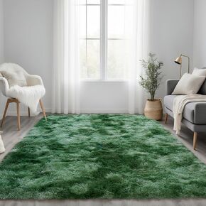 Tie-Dyed Green Fluffy Rug for Bedroom 4x5.9 Feet - Ultra Soft & Anti-Skid Shaggy Area Rug, Comfy Durable Carpet for Living Room & Kids Dorm Nursery, Home Decor Aesthetic