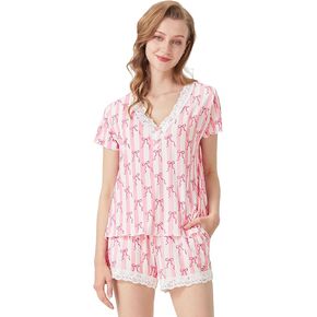 طقم بيجامات نسائي - فسكوز مصنوع من الخيزران، طقم بيجامات بأكمام قصيرة مع شورت، ملابس نوم برقبة على شكل حرف V، ملابس نوم رائعة in Kuwait