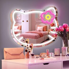 Hello Kit Vanity Mirror مع Neon Sign 15x12.6inch ، Hello Kitty Stuff LED مرآة مع زهرة وردية ، سطوع قابلة للتعديل مدعوم من USB ، مرآة مكياج ديكور غرفة الجدار ، هدية الفتيات لعيد الميلاد