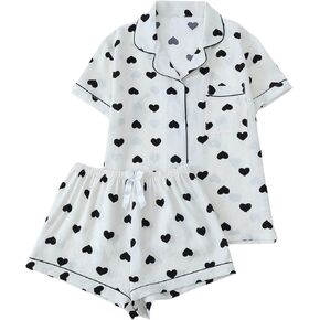 Verdusa Women's 2 Piece Pajama Sets Cute PJ Set Button Down Shirts and Shorts Sleepwear
