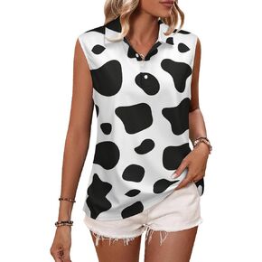 Womens Black and White Cow Print Sleeveless Golf Shirt Athletic Tank Tops Ladies Casual Summer Milk Pattern Golf Wear Polo Tennis Shirts for Women Large