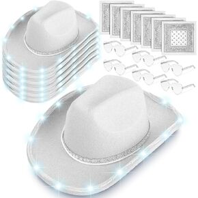 6 Set Light Cowboy Hat LED Cowboy Hat for Women and Men, Light up Silver White Cowgirl Hat with 6 Heart Glasses 6 Paisley Bandanna Western Cowboy Costume Accessories Adult Party Supplies