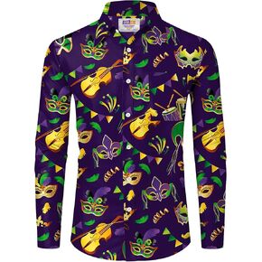Arvilhill Mens Mardi Gras Shirt Long Sleeve Button Fat Tuesday Shirt (S-3XL)